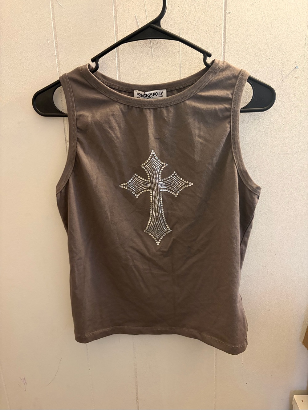 Princess Polly Taupe Tank Top with Rhinestone Cross